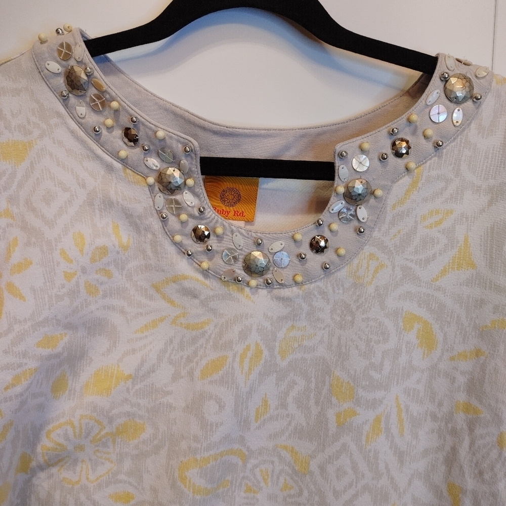 Ruby Rd Embellished Scalloped Neck Top XL 3/4 Sleeve Yellow Gray Floral Blouse - Picture 9 of 10
